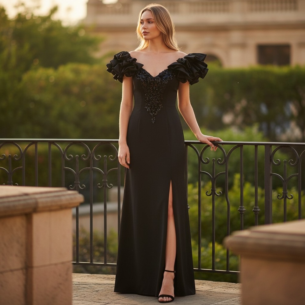 Zum Zum Vintage 80s Women's 5-6 Black Ruffle Shoulder Sequin V-Neck Gown